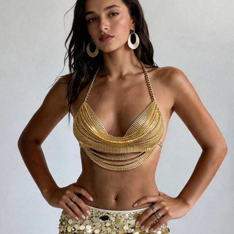 Gold metallic chain drape halter bra top with layered drape chains