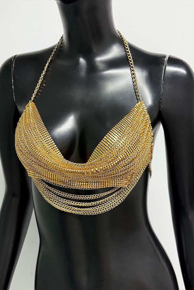 Gold metallic chain drape halter bra top on mannequin, layered drape design