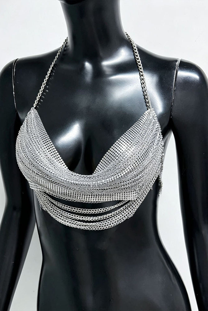 Silver metallic chain drape halter bra top on mannequin, layered drape chains