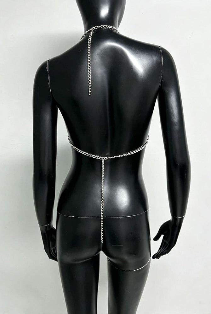 Silver metallic chain halter bra top back on mannequin with center chain detail
