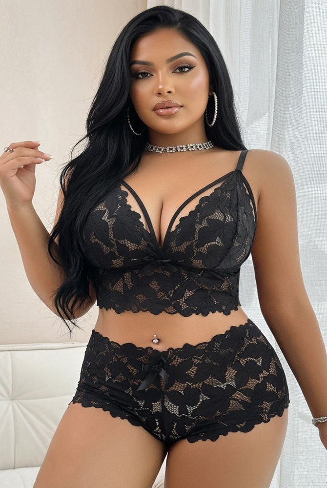 Black floral lace bra and matching lace shorts set with V-neck cups and bow waist