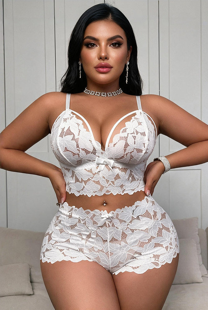 White floral lace bra and matching lace shorts set, bow front, underwire cups