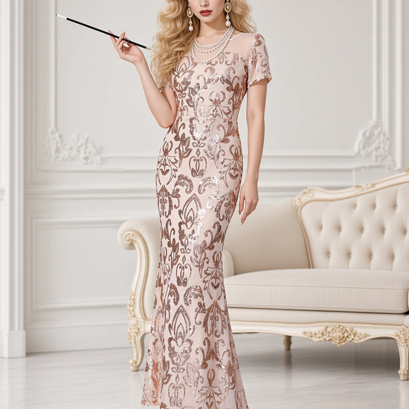Apricot sequin maxi dress with high slit, short sleeves, fitted column silhouette