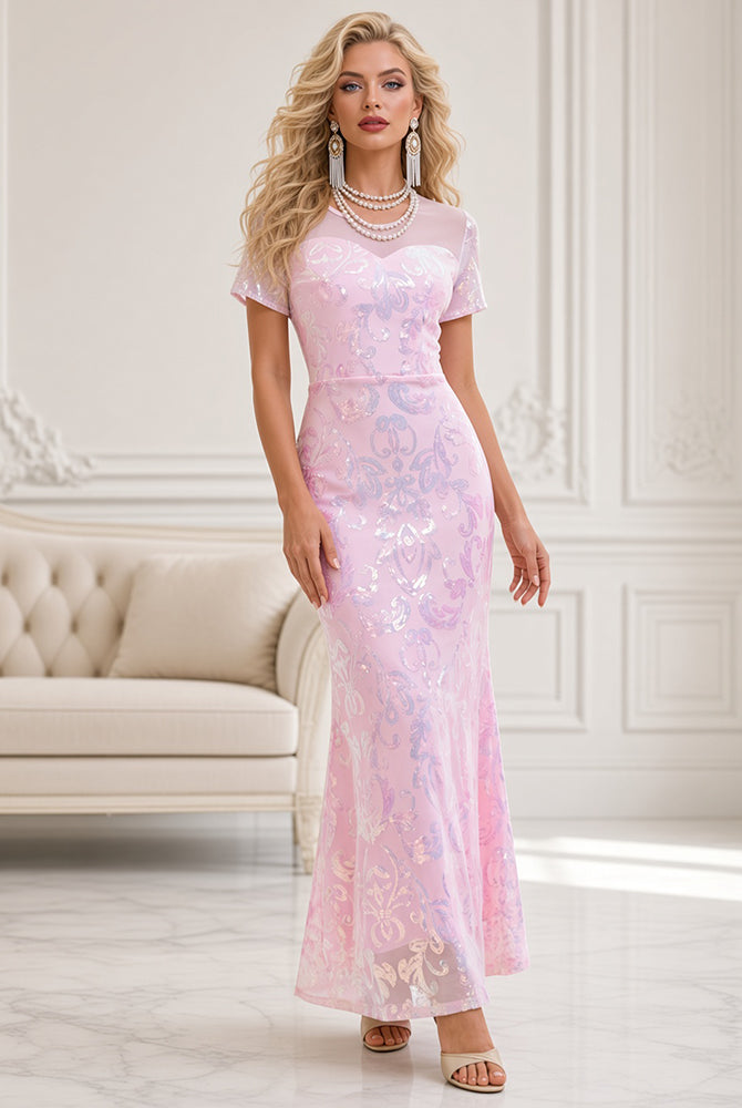 Light pink sequin maxi dress with high slit, short sleeves, fitted column silhouette