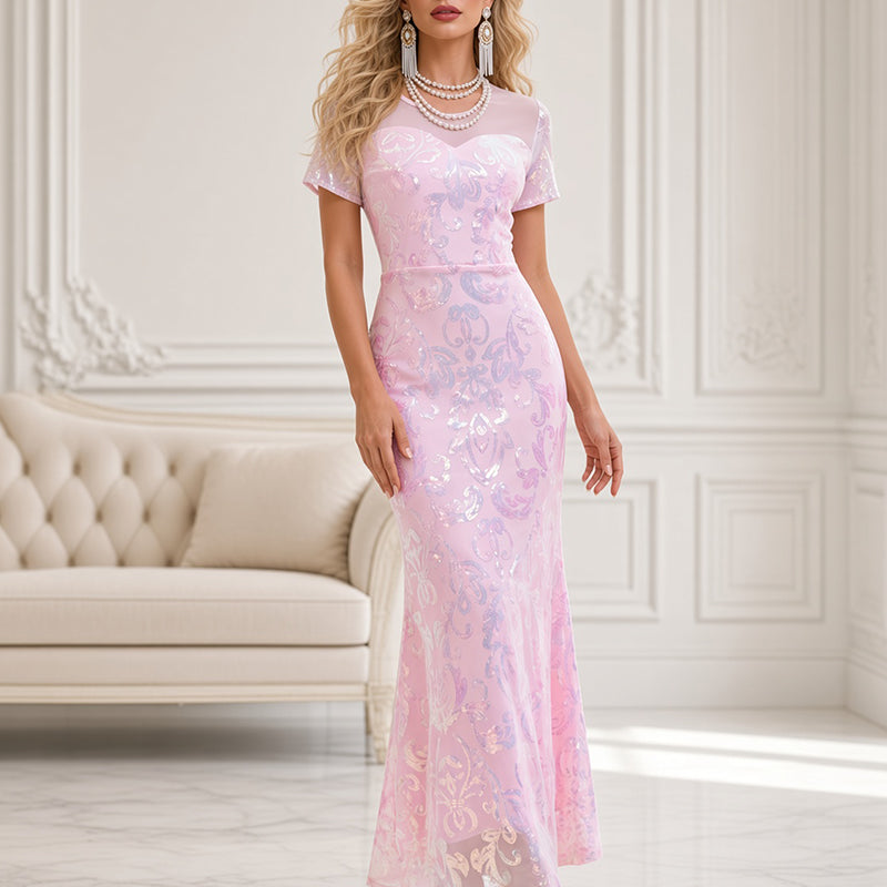 Light pink sequin maxi dress with high slit, short sleeves, fitted column silhouette
