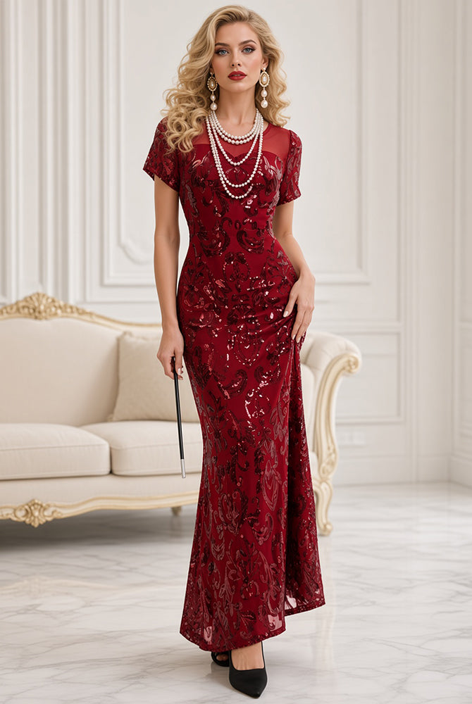 Red sequin maxi dress with high slit, short sleeves, fitted column silhouette