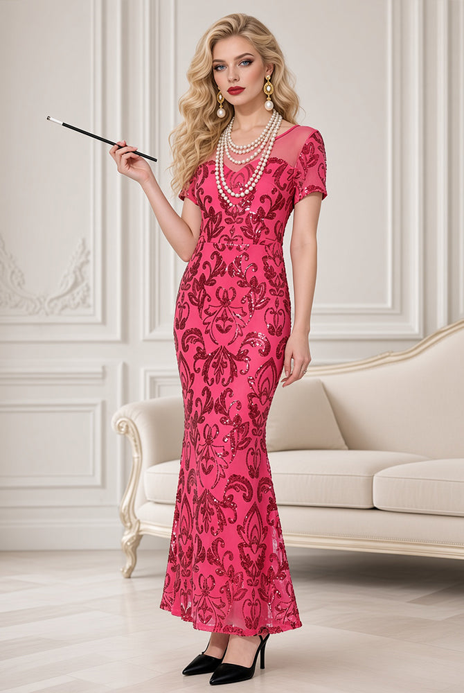 Pink sequin maxi dress with high slit, short sleeves, fitted column silhouette