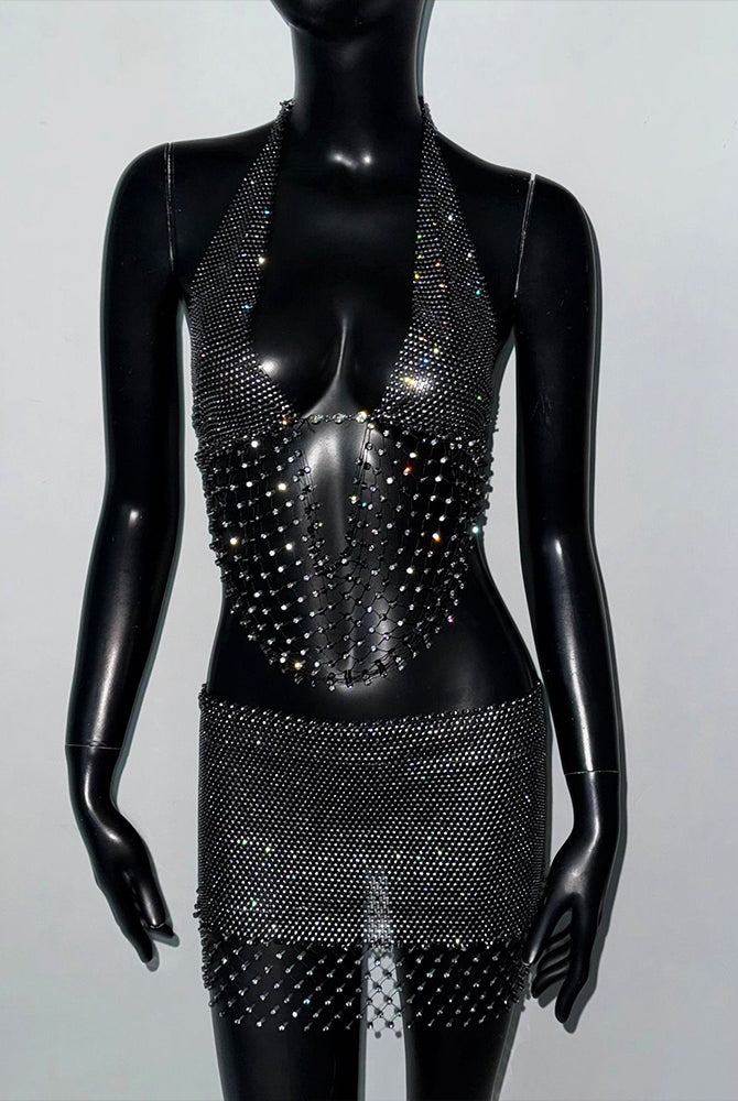 Black rhinestone mesh cut-out crop top and shorts set on mannequin, front view