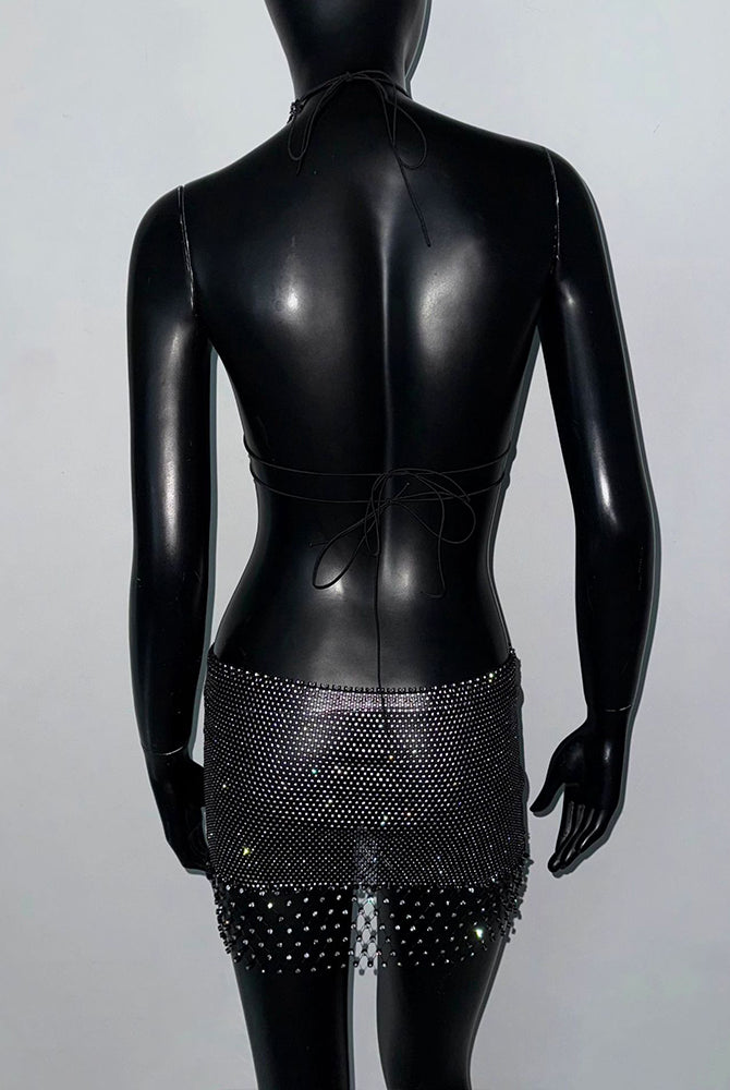 Black rhinestone mesh cut-out crop top and shorts set on mannequin, back view