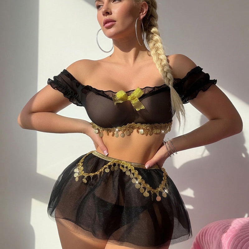Black mesh lingerie set with off-shoulder ruffles, gold coin chain belt and bow