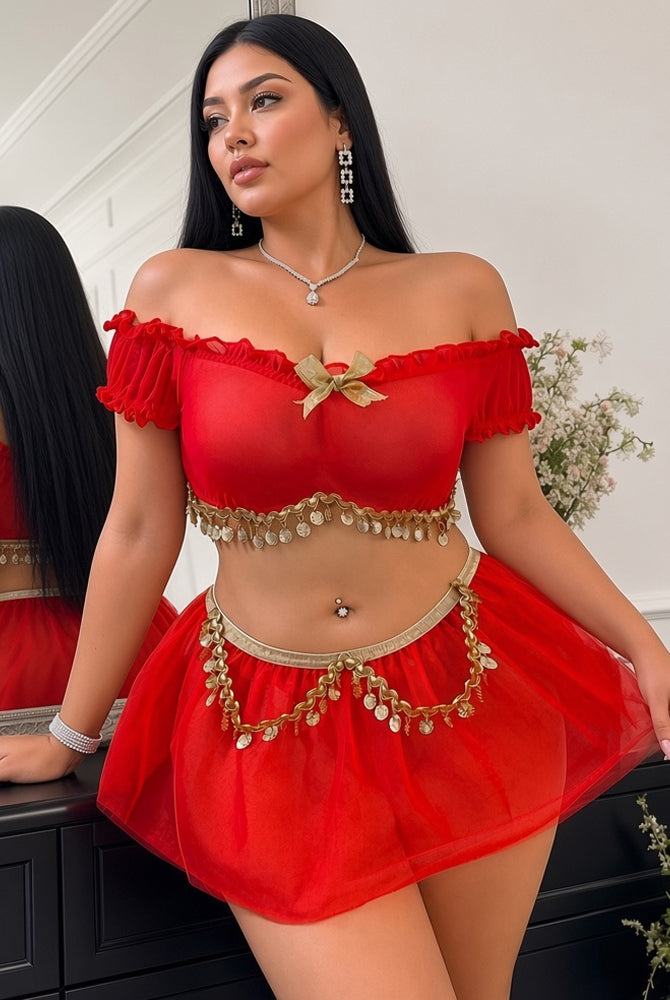 Red off-shoulder sheer crop top with bow detail, tulle mini skirt, gold coin chain belt