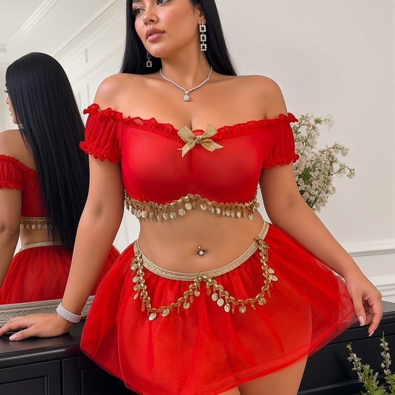 Red off-shoulder sheer crop top with bow detail, tulle mini skirt, gold coin chain belt