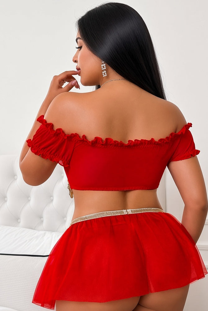 Red off-shoulder sheer crop top and tulle mini skirt with gold coin belt