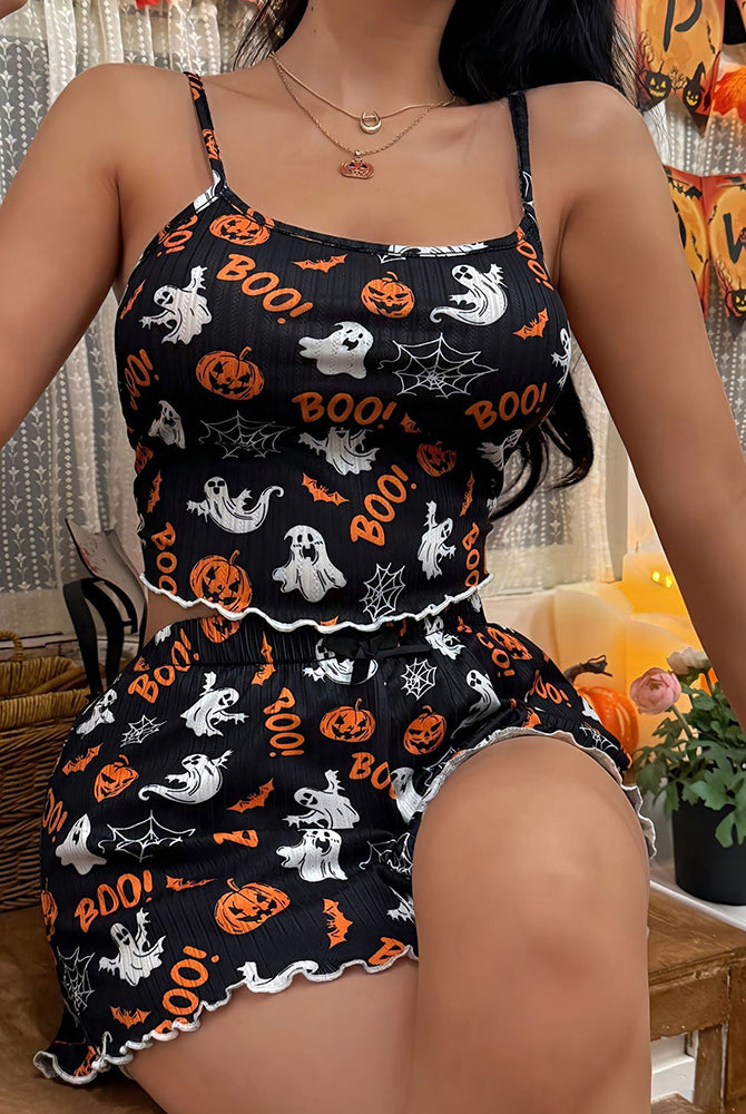 Black cami and ruffle shorts pajama set with Halloween boo, ghosts, pumpkins, and spiderweb print