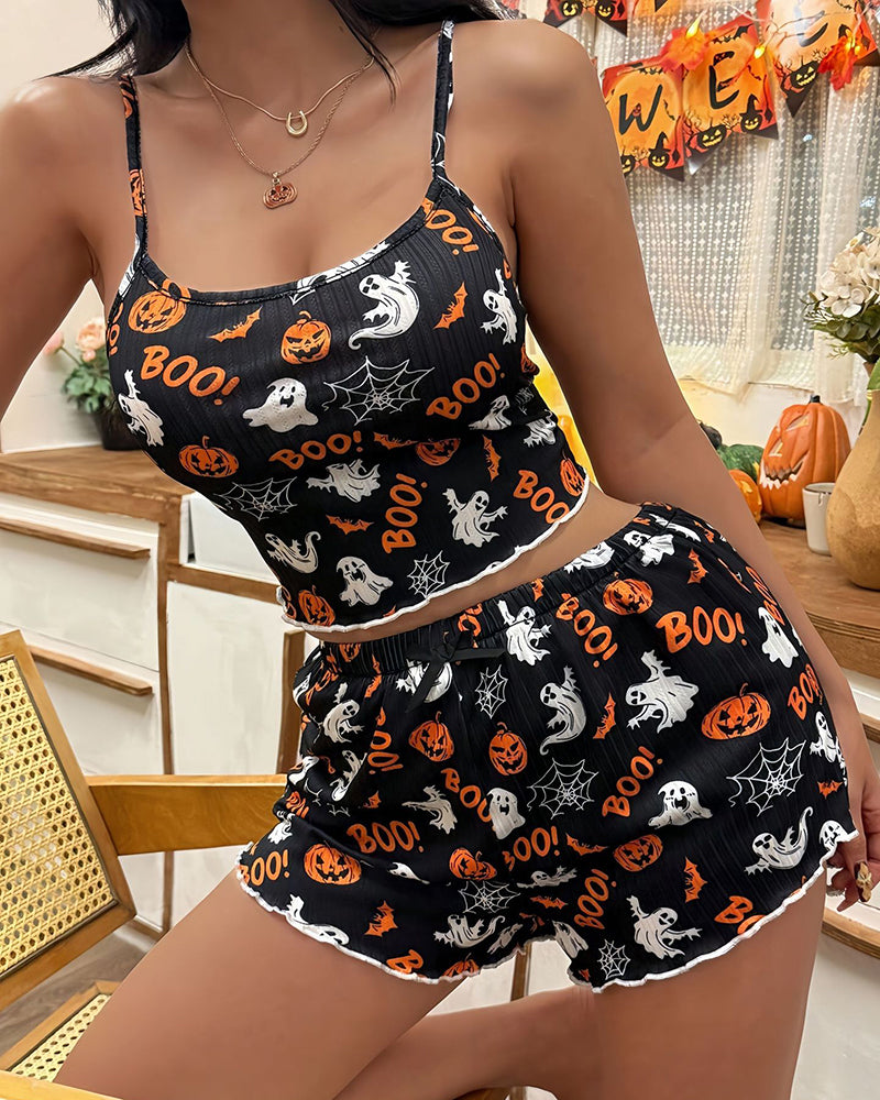 Halloween Pumpkin Ghost Print Crop Cami Top and Shorts Pajama Set - Black 5
