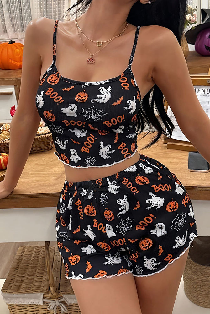 Black cami top and matching shorts pajama set with Halloween boo, ghost, and pumpkin print