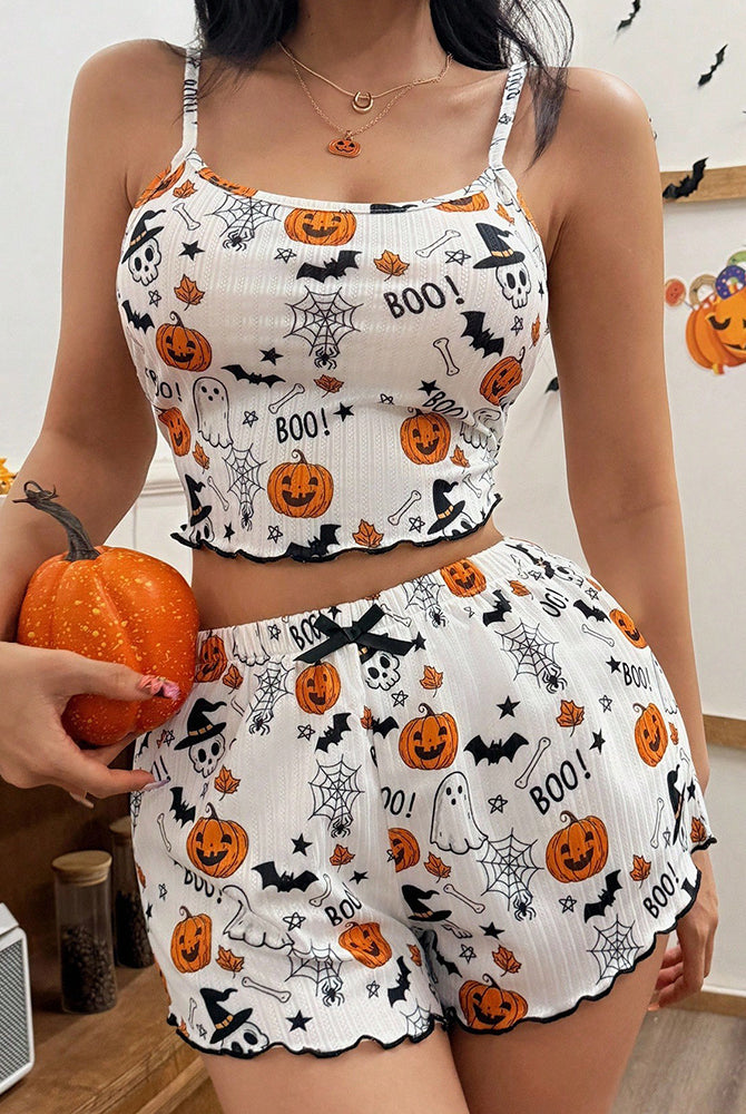 White crop cami and matching shorts pajama set with Halloween pumpkin and ghost print