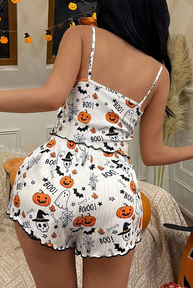 White back view of crop cami and shorts pajama set with pumpkin and ghost print
