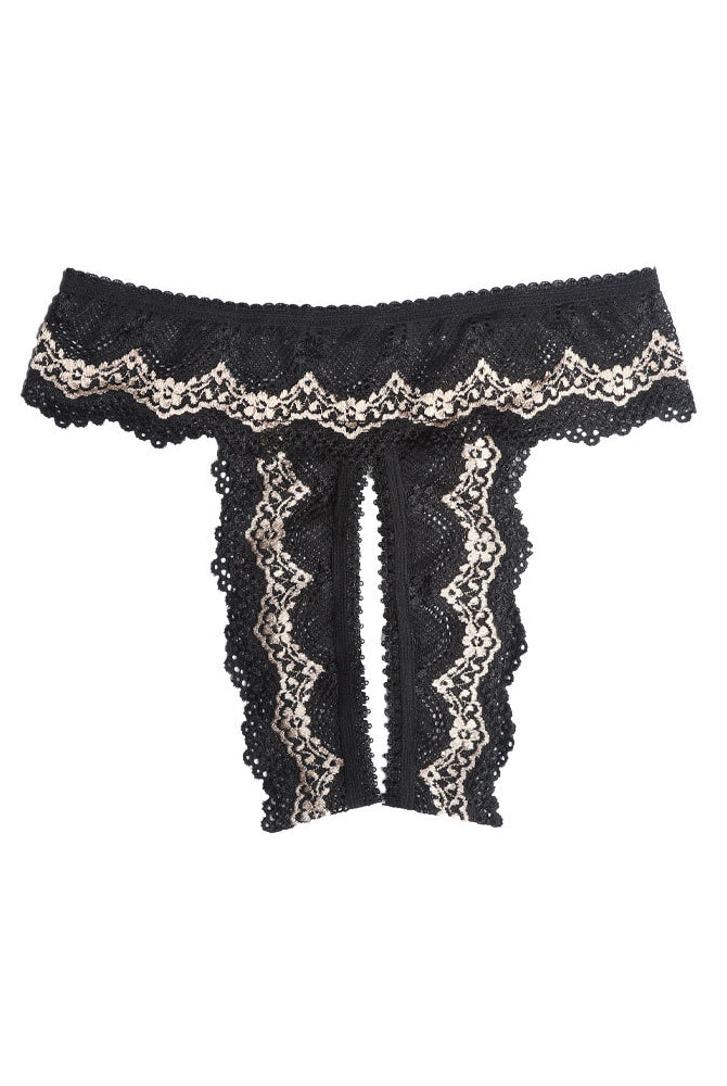 Black lace mesh crotchless thong panty with scalloped lace border (flat lay).