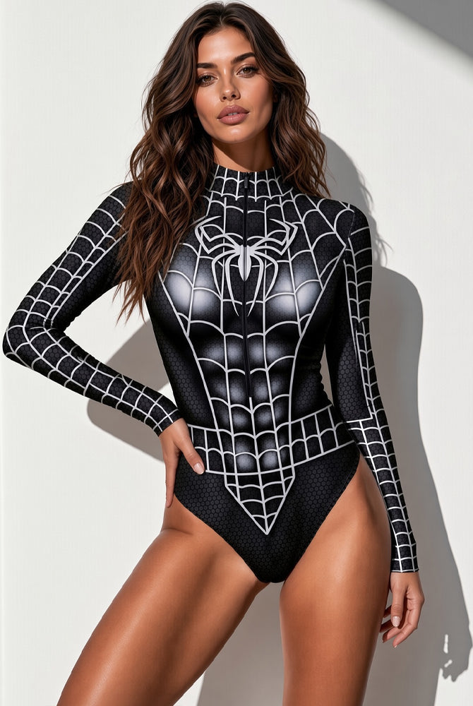 Black long-sleeve bodysuit with white spiderweb print and crotchless front