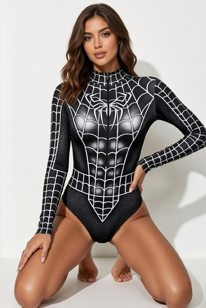 Black spiderweb-print long-sleeve crotchless bodysuit with high-cut legs