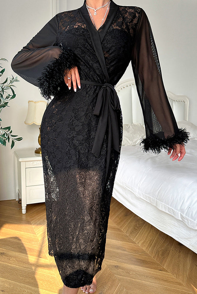 Black sheer robe with lace texture and feather-trim cuffs, belted waist and long length