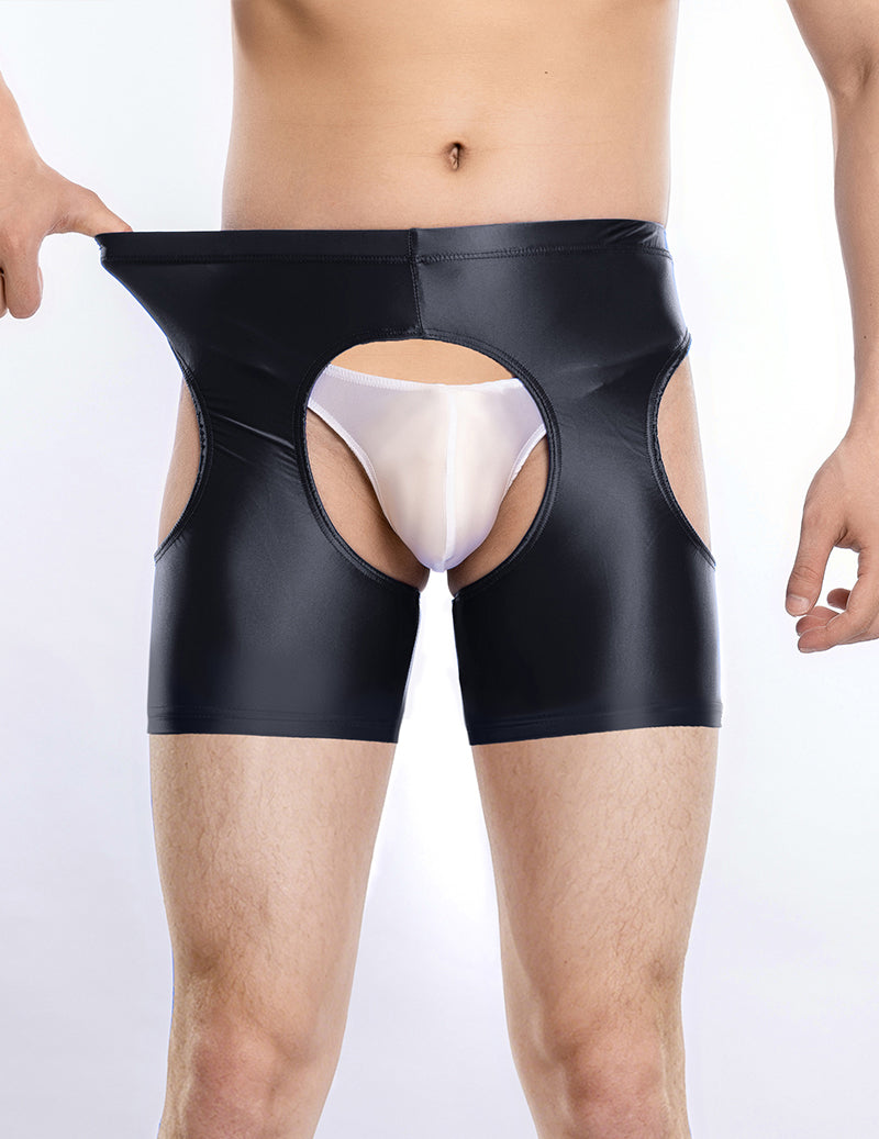 Men's sheer shiny black quarter-length leggings, low-rise, transparent brief with oval cutout