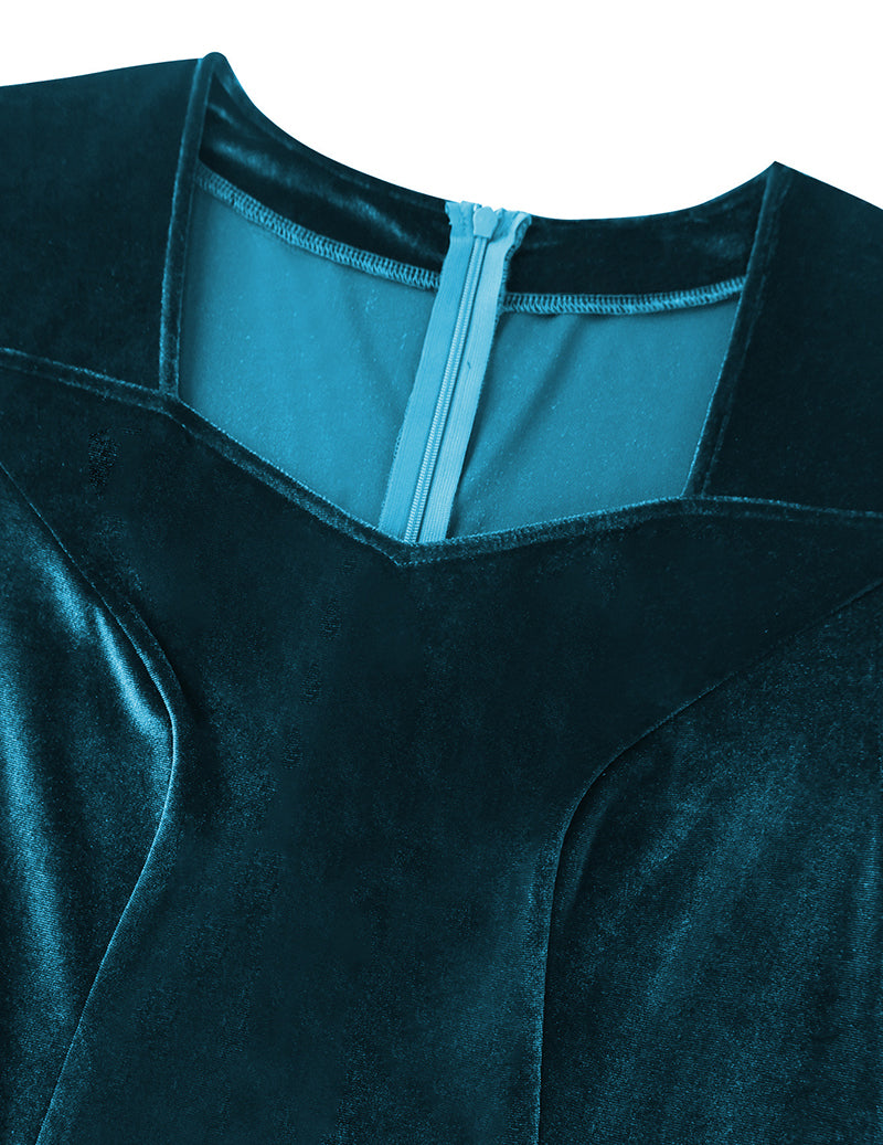 Peacock blue velvet V-neck bodice with contrast lining and seam detail