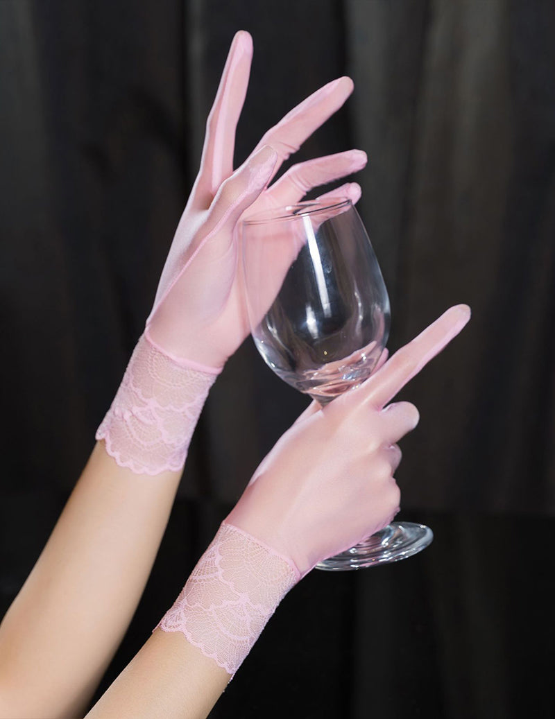 Light pink sheer opera gloves with lace cuff