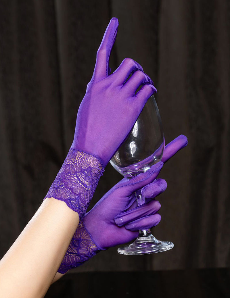 Purple sheer opera gloves with lace cuff and open fingers