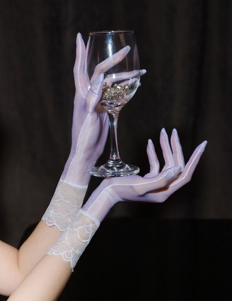 Pale lavender sheer opera gloves with lace cuff