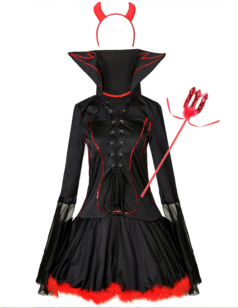Devil queen Halloween costume dress, black with red corset lacing, mesh sleeves, horn headpiece