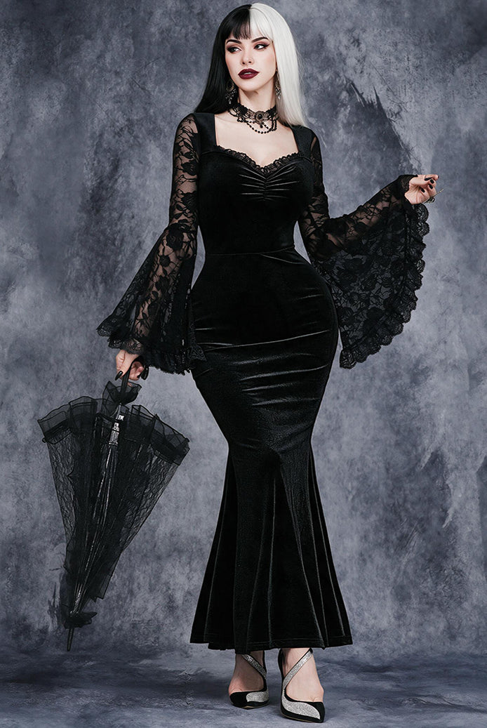 Gothic Lace Bell Sleeve Velvet Mermaid Dress - Black