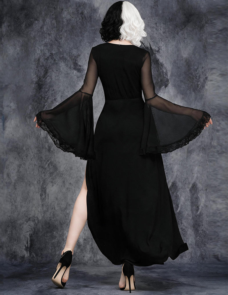 Black maxi dress with sheer cape sleeves and long back slit opening