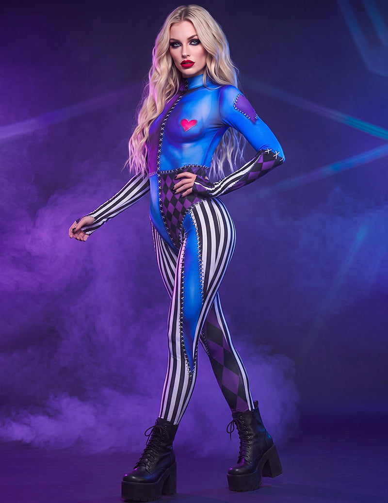 Blue skeleton-print catsuit with long sleeves, heart accents, striped side panels