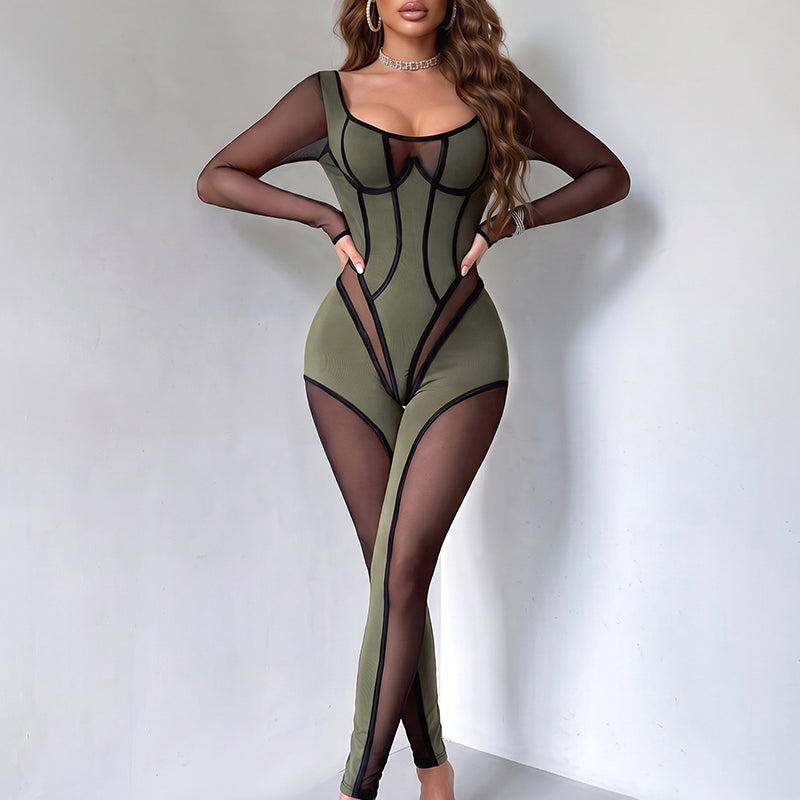 Sheer Mesh Panel Stripe Trim Bodycon Jumpsuit - Green