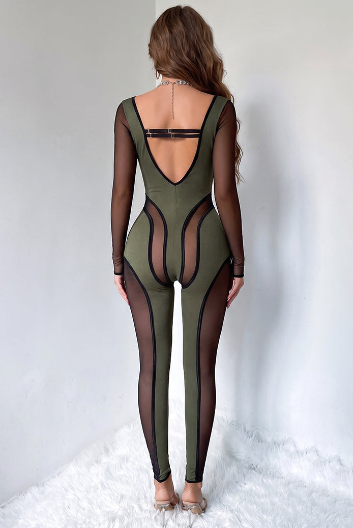 Sheer Mesh Panel Stripe Trim Bodycon Jumpsuit - Green