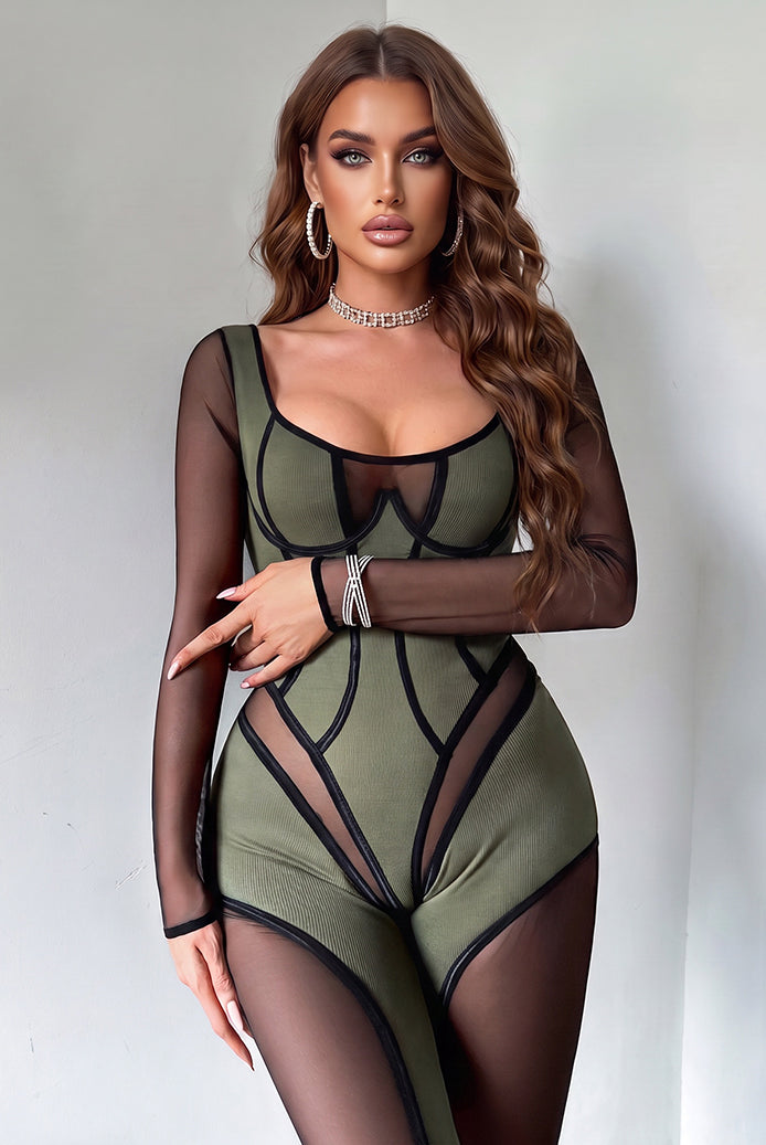 Sheer Mesh Panel Stripe Trim Bodycon Jumpsuit - Green