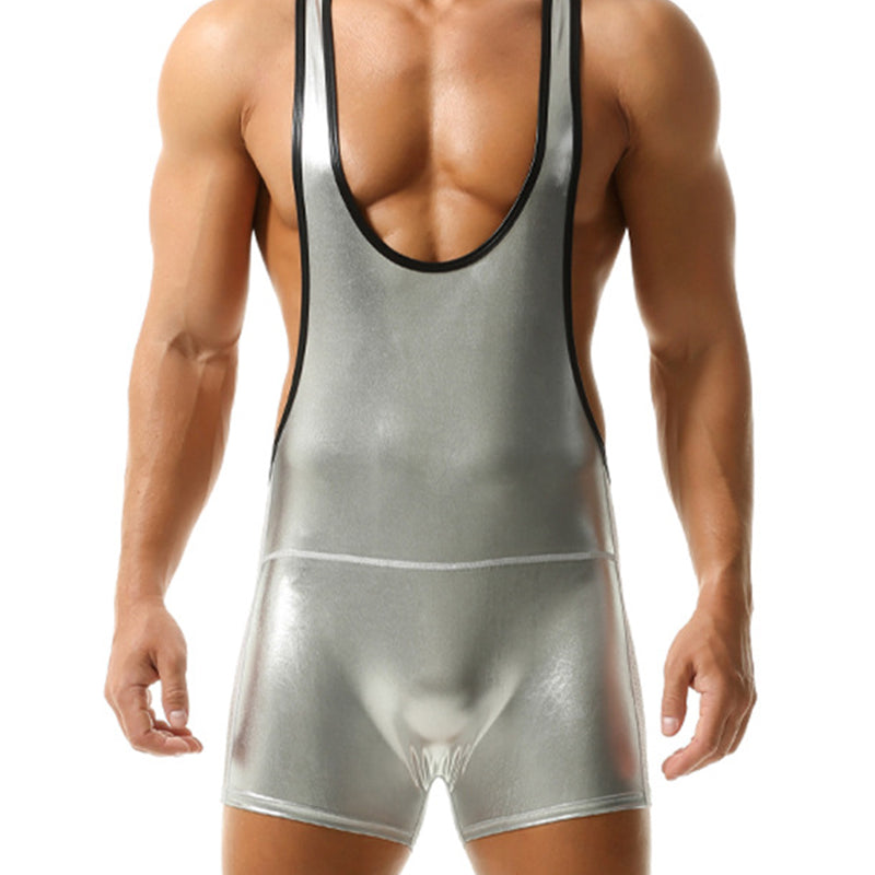 Men Metallic Shiny Mesh Sleeveless Bodysuit V-Neck