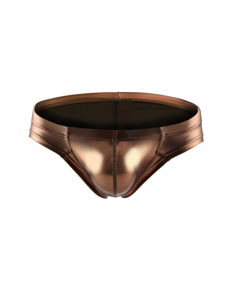 Men's patent shine briefs, low rise, metallic bronze glossy finish.