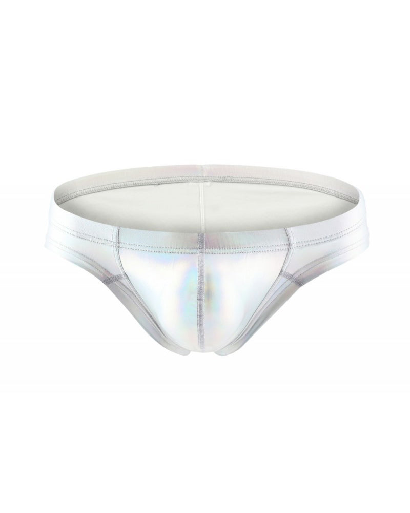 Men's patent shine briefs, low rise, metallic silver-iridescent glossy finish.
