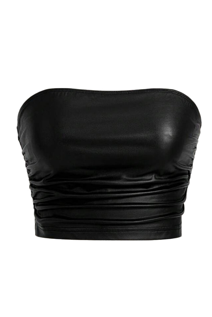 Black metallic sheen strapless crop top, straight back view with ruched detailing.