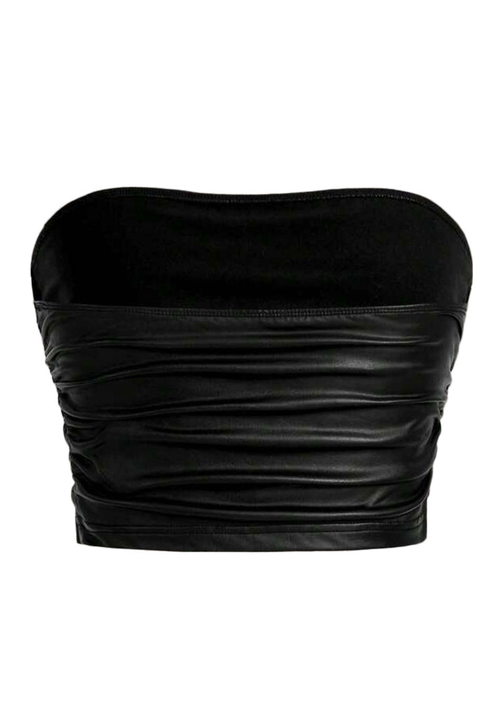 Black metallic sheen bandeau crop top with strapless neckline and gathered back.