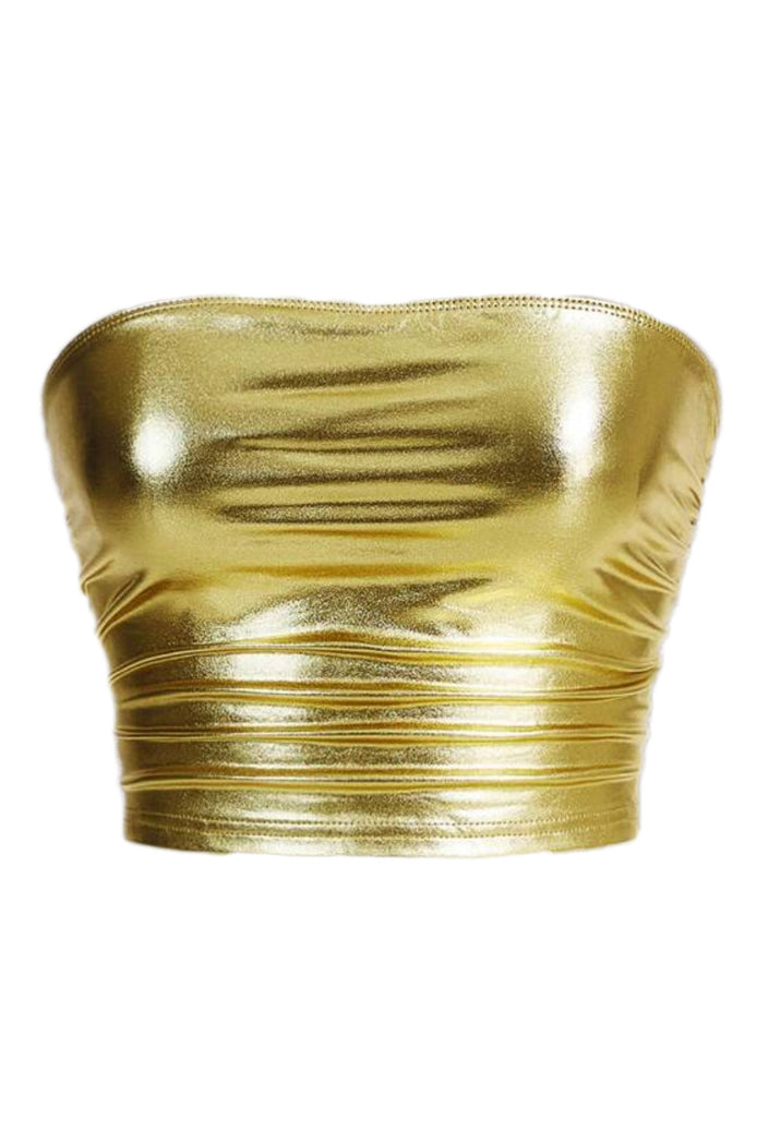 Gold metallic sheen strapless crop top with gathered front and smooth bandeau back.