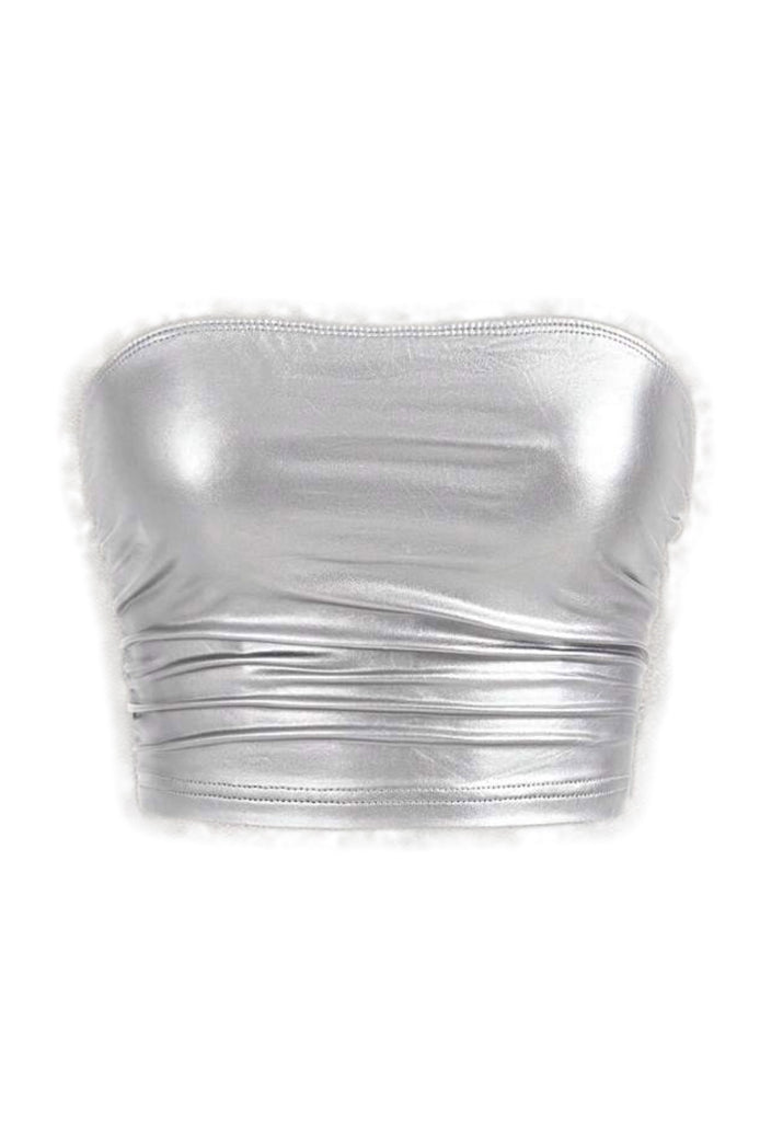 Silver white metallic sheen strapless crop top, ruched back view with smooth hem.