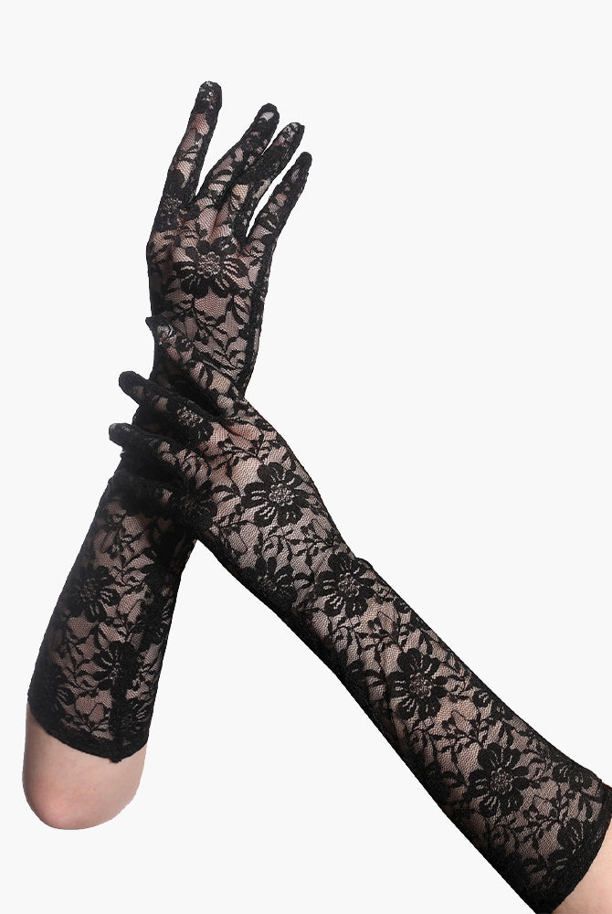 Black floral lace gloves, perfect for adding a touch of elegance. Long, stretchable and breathable.