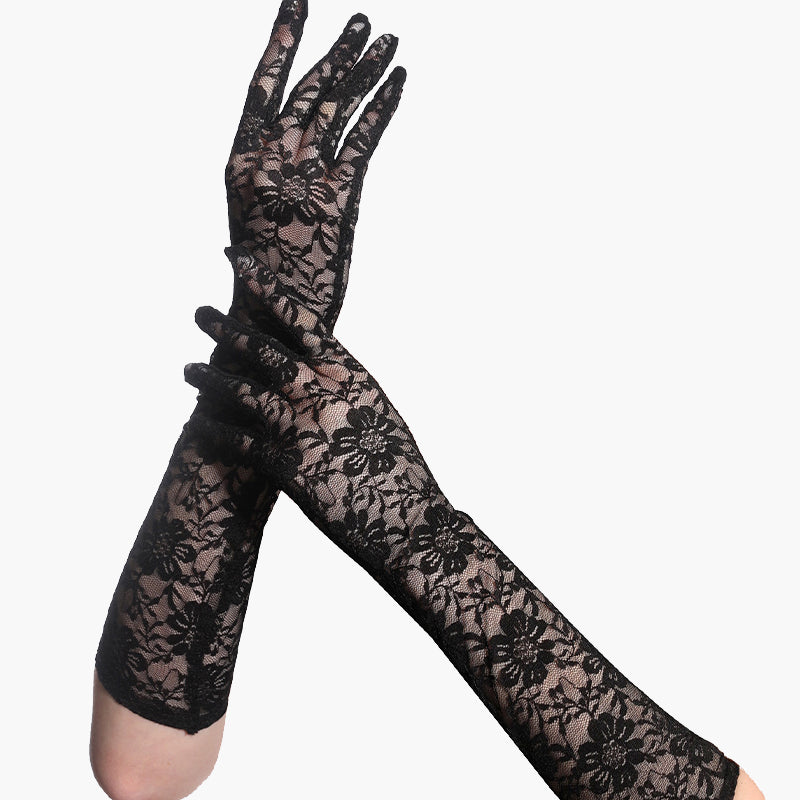 Black floral lace gloves, perfect for adding a touch of elegance. Long, stretchable and breathable.