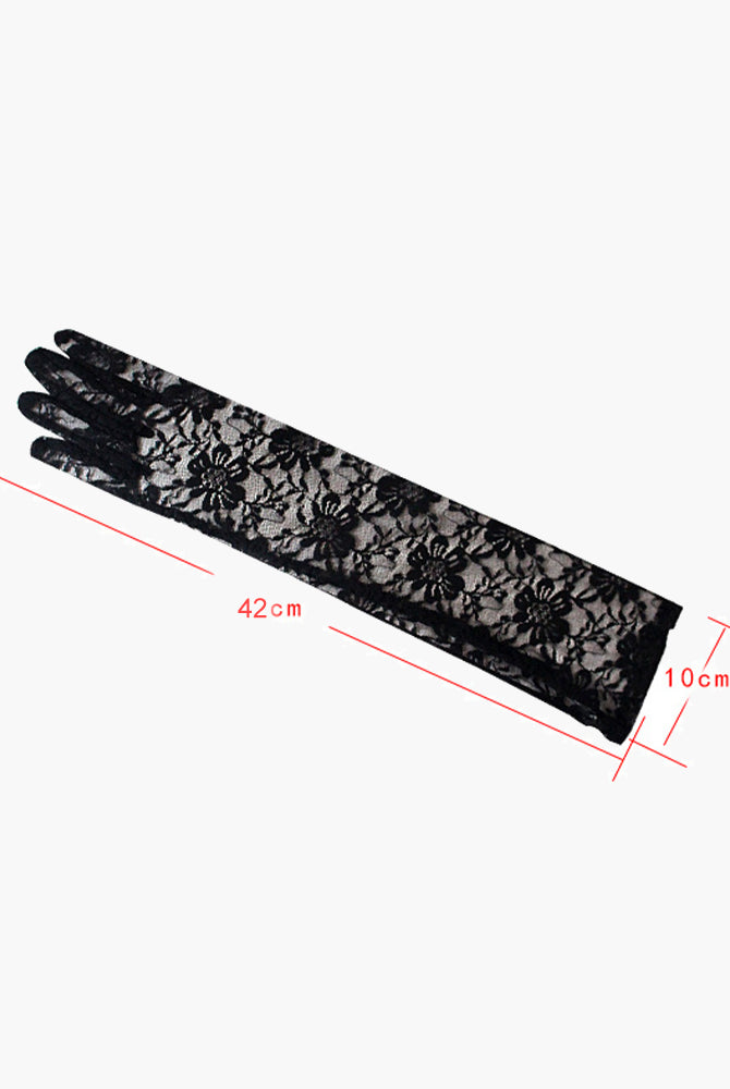 Black floral lace gloves, 42cm long, perfect for adding a touch of elegance to any outfit.