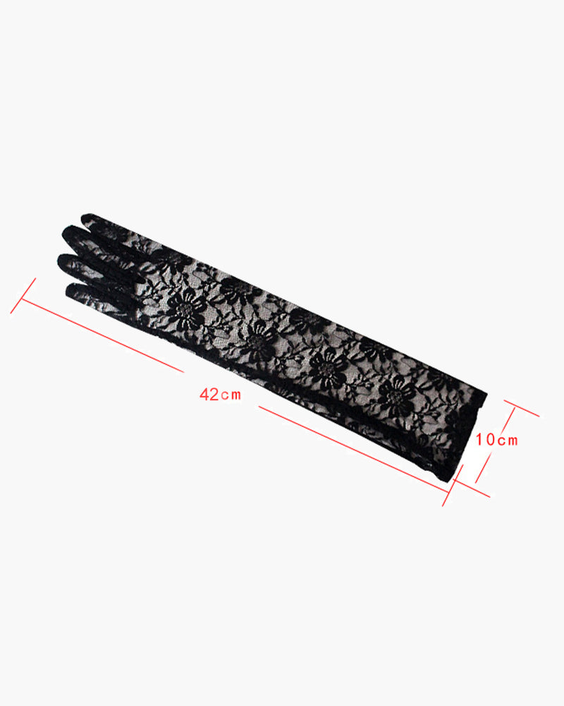 Black floral lace gloves, 42cm long, perfect for adding a touch of elegance to any outfit.