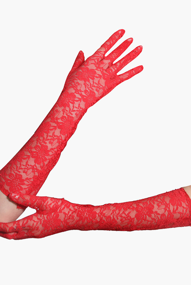 Red floral lace gloves, long and elegant, perfect for adding a touch of mystery to any outfit.